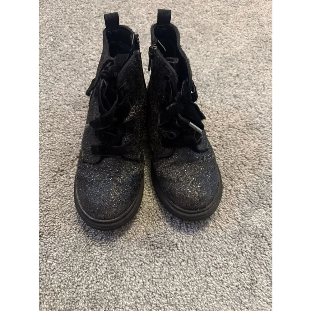 Cat & Jack Black Glitter Lace-Up Ankle Boots Sz 12